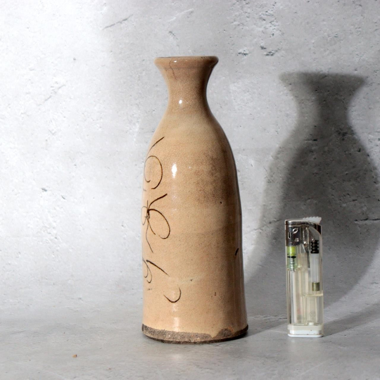 Late Edo Seto Ware Ceramic Sake Bottle Tokkuri Iron Brown Grass Motif PV3172