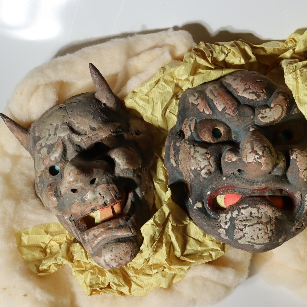 Antique Japanese Ceramic Noh Mask Style Wall Masks Hannya & Beshimi Pair c.19401