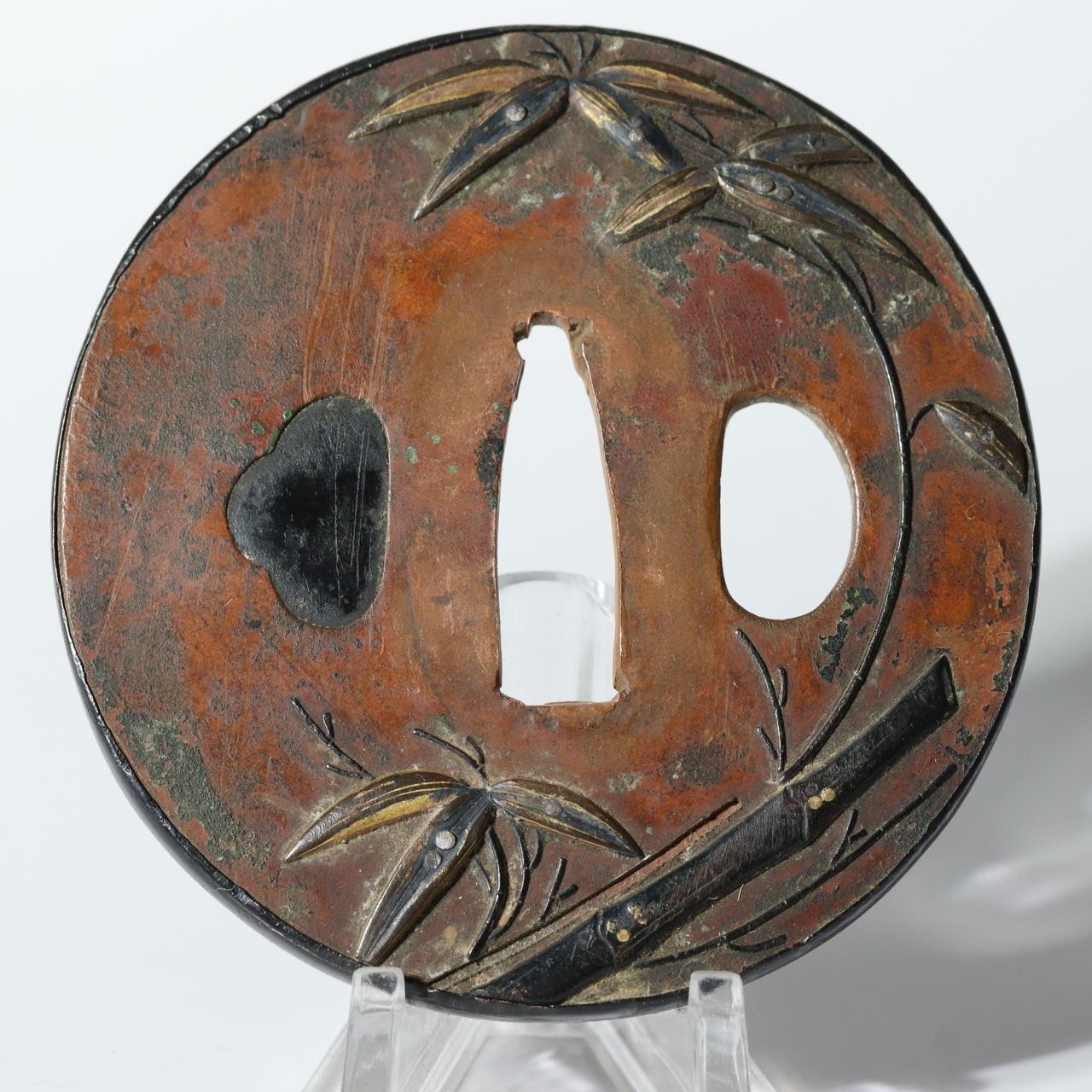 Antique Japanese Copper Gilt Bamboo Motif Tsuba Sword Guard Fukurin Rim STO901