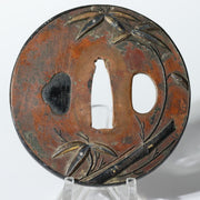 Antique Japanese Copper Gilt Bamboo Motif Tsuba Sword Guard Fukurin Rim STO901