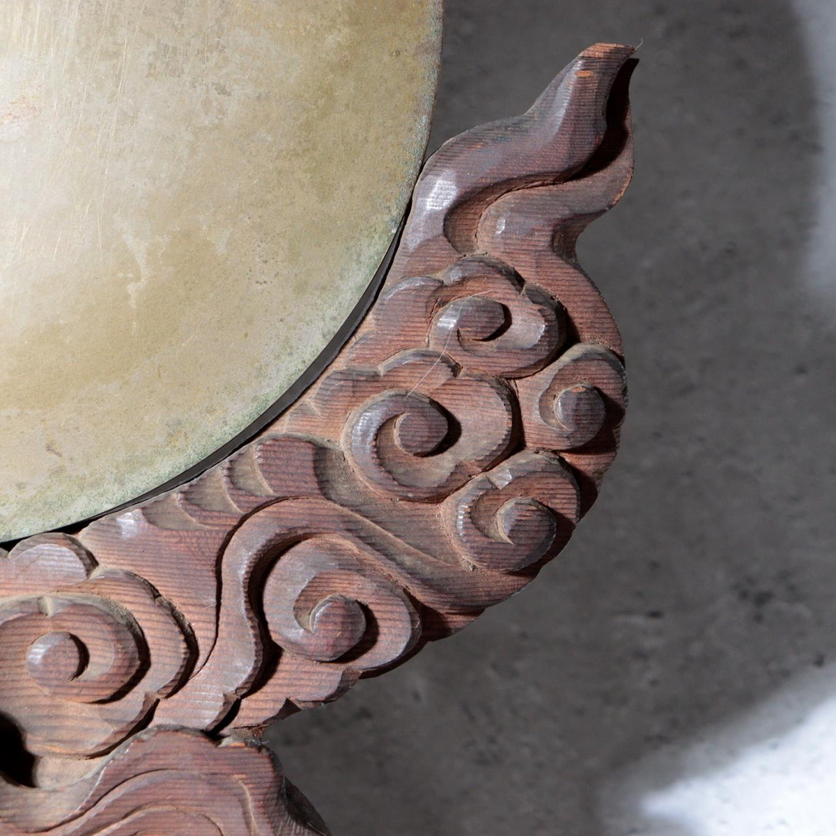 Antique Japanese Shinto Shrine Bronze Mirror Shinkyo Wooden Stand BOSa669