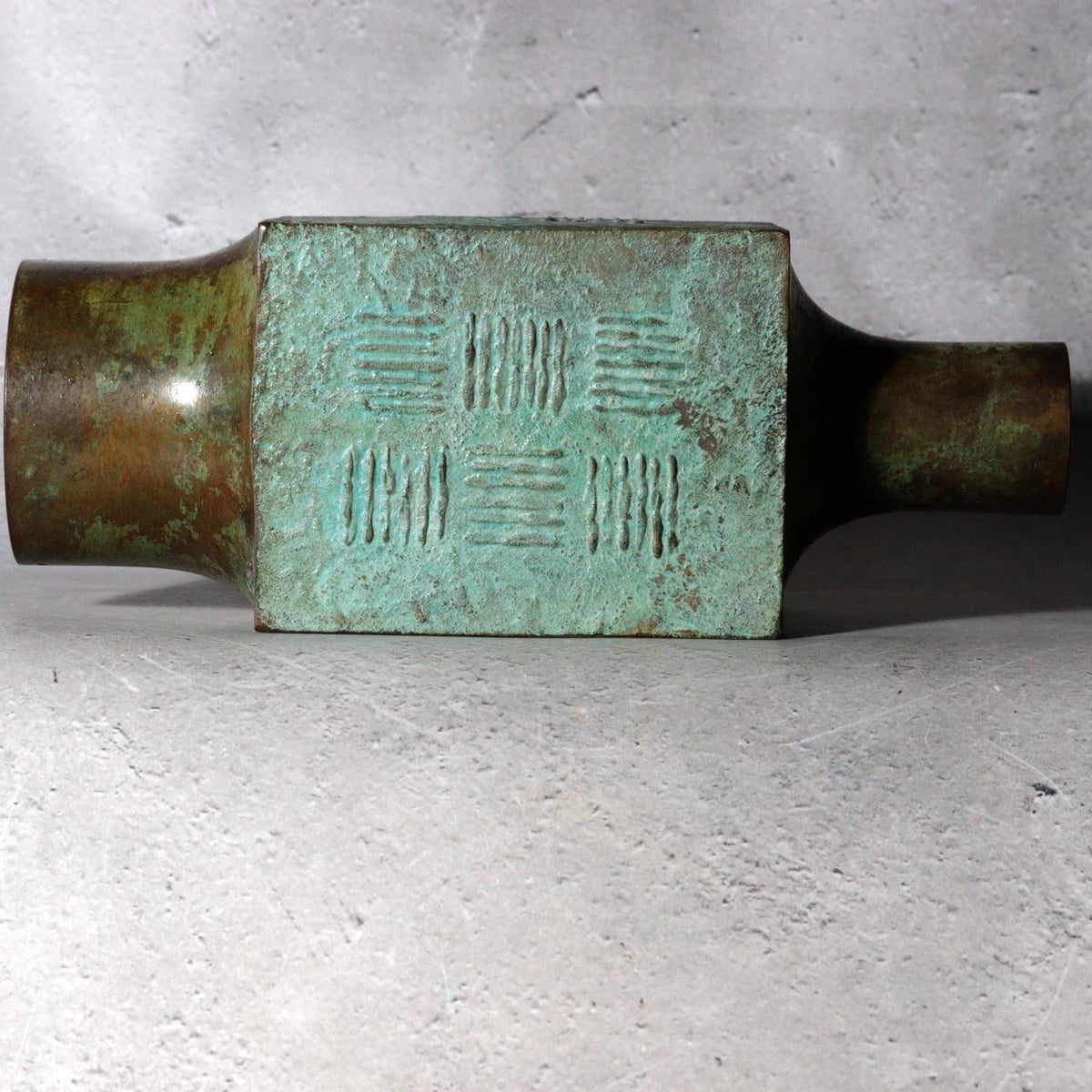 Vintage Japanese Katsumine Copper Bronze Bud Vase Square Geometric Motif9