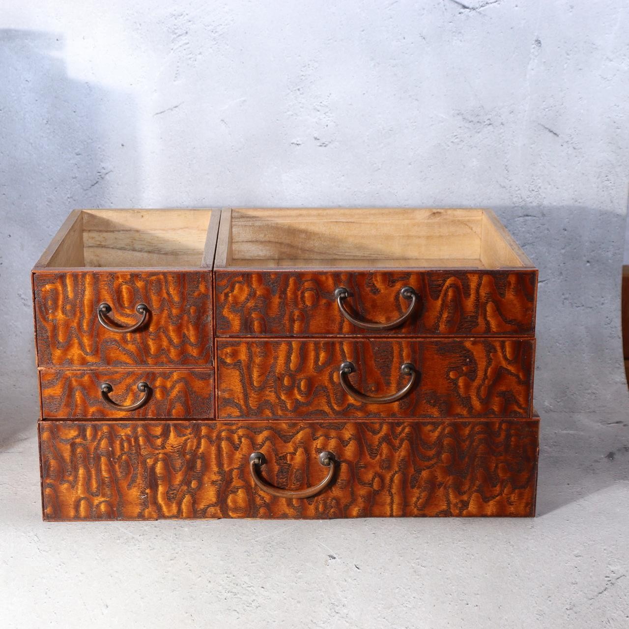 Vintage Japanese Tamo Wood Sewing Box Haribako Full Burl Grain Chest WO60615