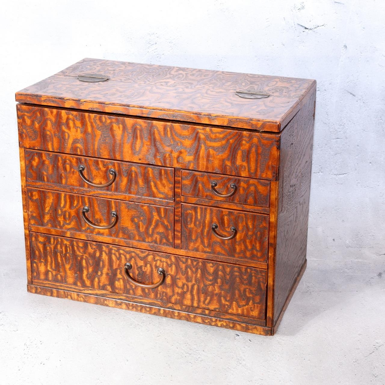 Vintage Japanese Tamo Wood Sewing Box Haribako Full Burl Grain Chest WO6062