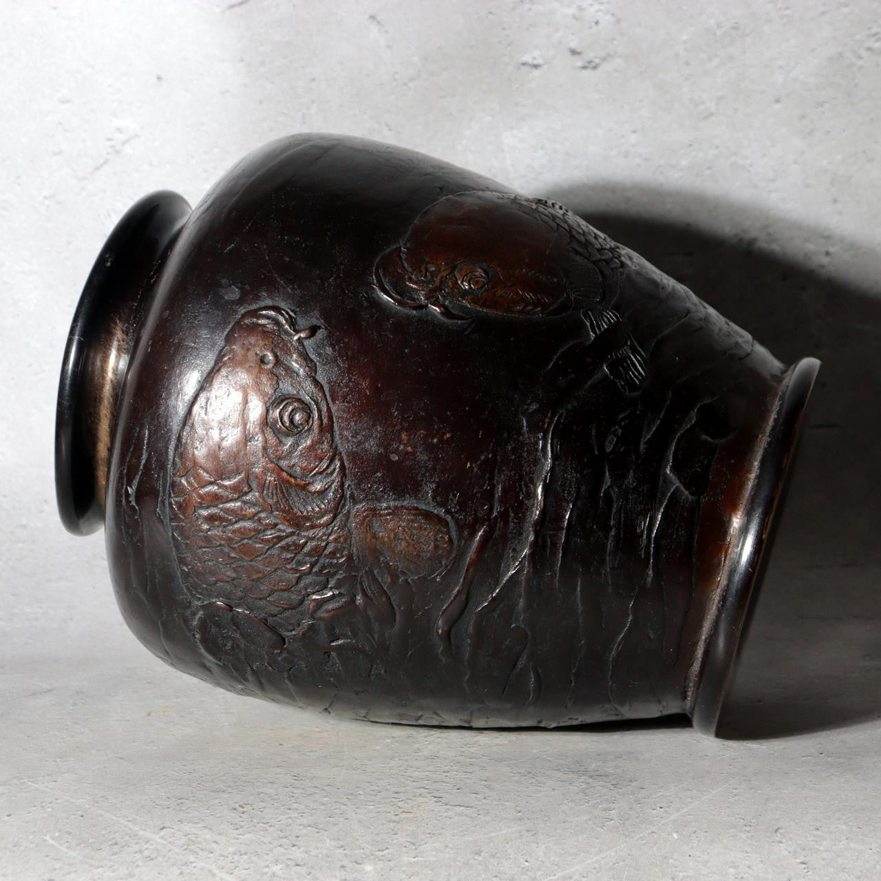Antique Japanese Takaoka Bronze Vase Hozan Twin Koi Lotus Pond BV774-26