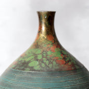 Japanese Metal Alloy Vase Mottled Green Patina Textured Band BV7709