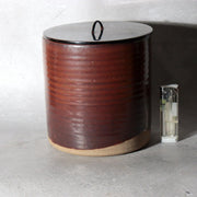 Japanese Seto Ware Ceramic Mizusashi Water Jar Brown Ribbed Texture Tomobako2