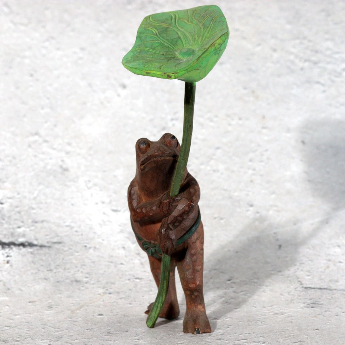 Vintage Japanese Wood Carved Frog with Lotus Leaf Umbrella – WO6554