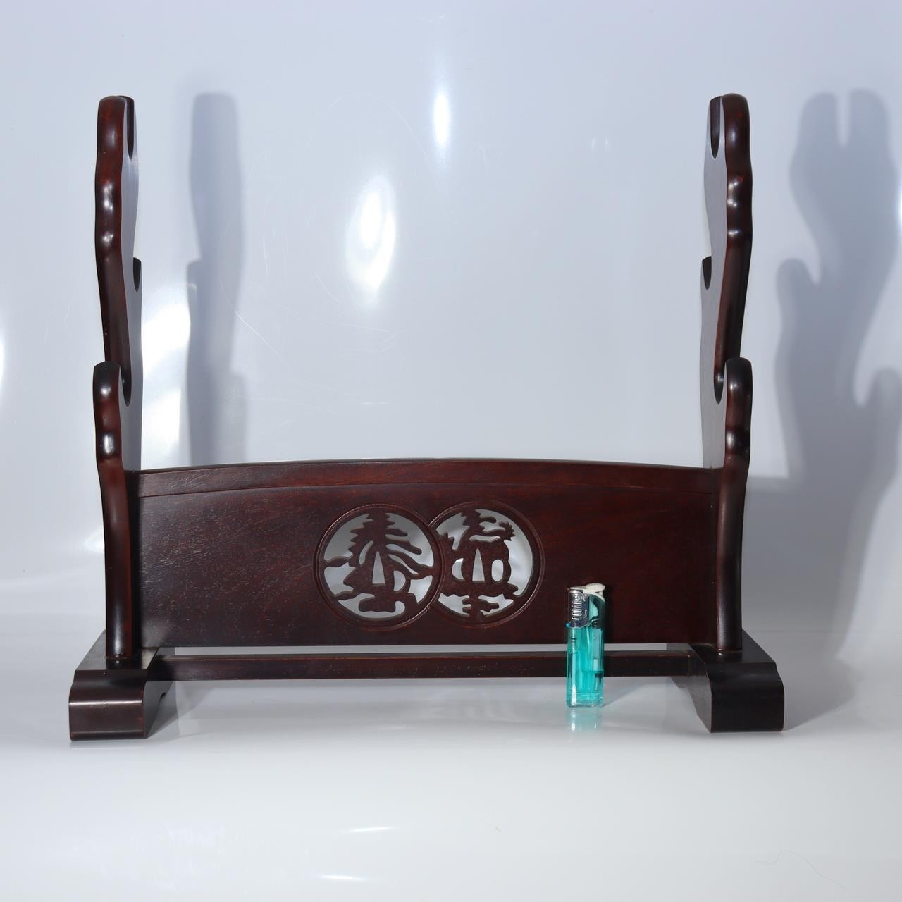 Japanese Wooden Katana Stand - Triple Rack 3-Tier - Tsuba Sukashi Openwork2