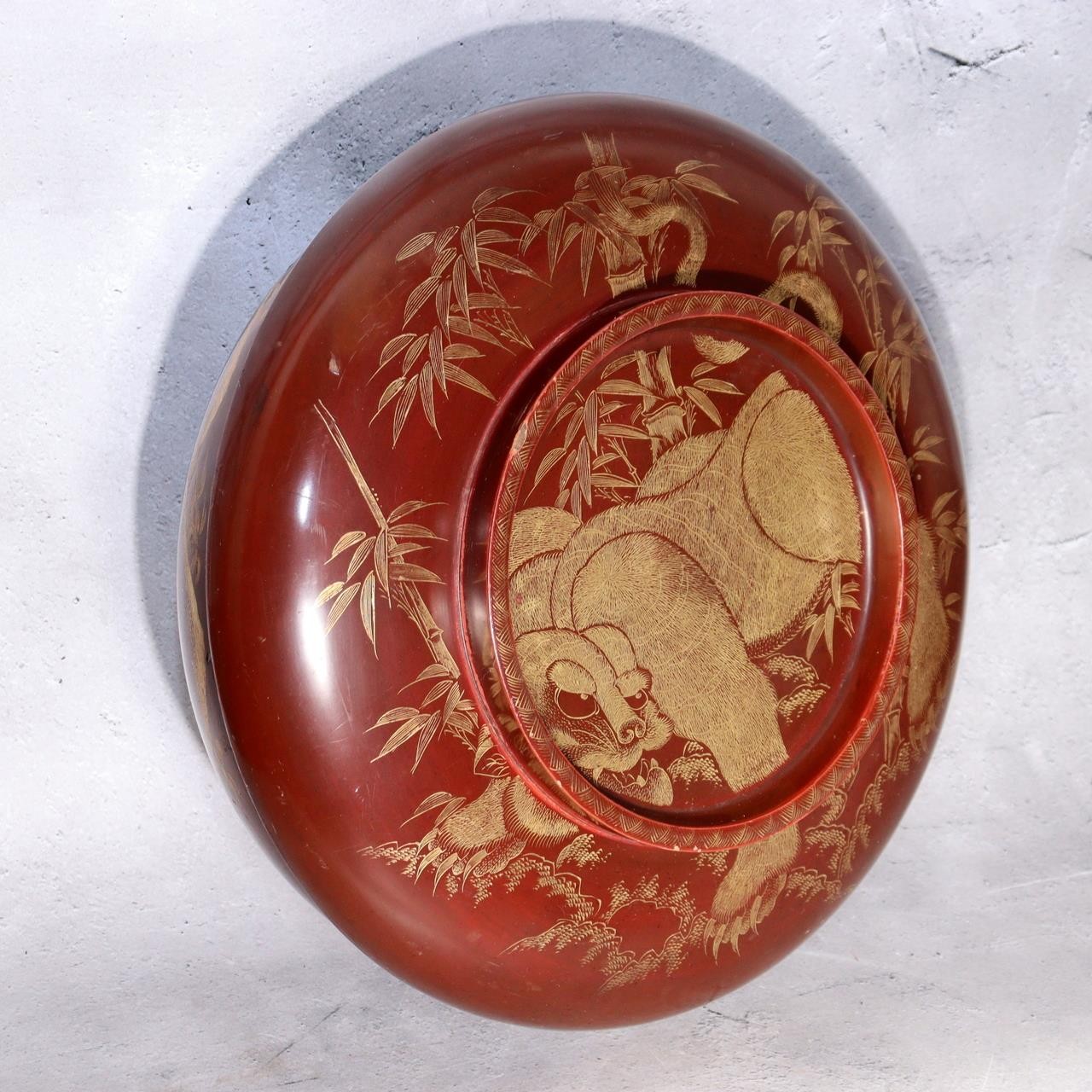 Vintage Japanese Lacquerware Large Lidded Bowl Neko Tora Tiger Bamboo WO60219
