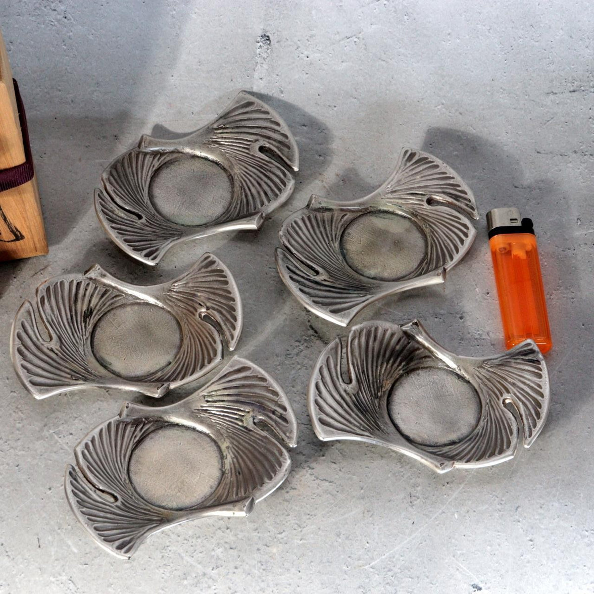 Vintage Japanese Cast Tin Chataku Tea Saucers ginkgo leaves Okajima Set of 52