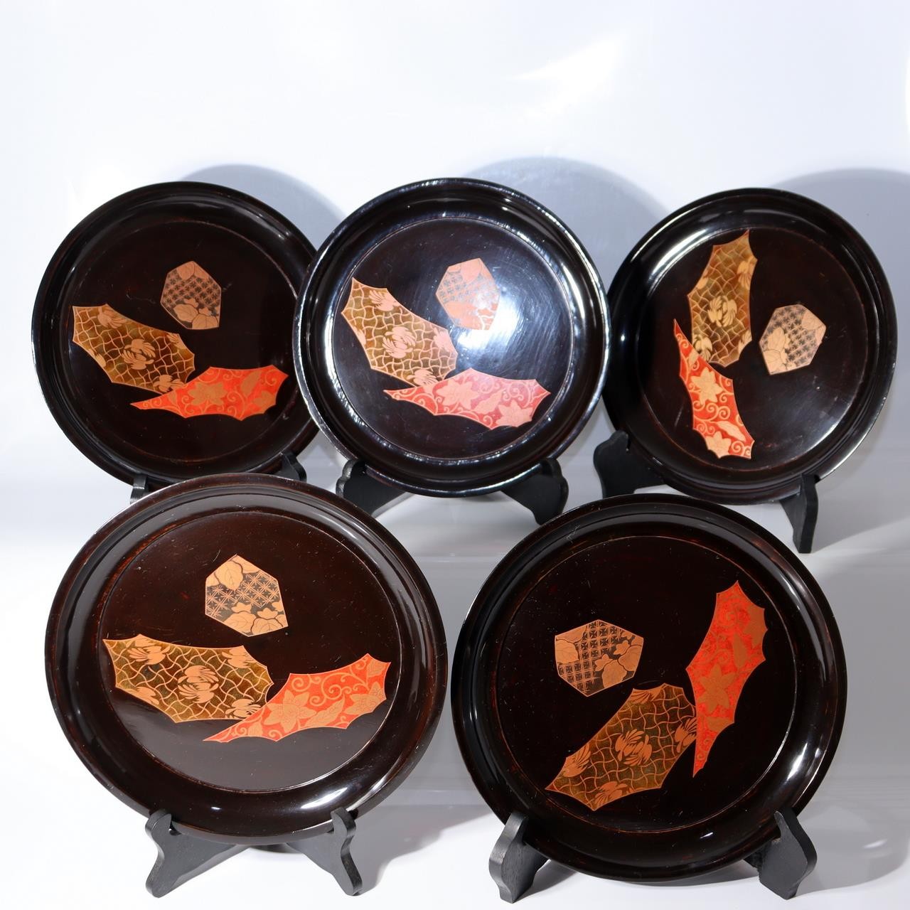 Set of 5 Japanese Lacquer Plates Juganji Temple Maki-e Gold Urushi Serving Set10