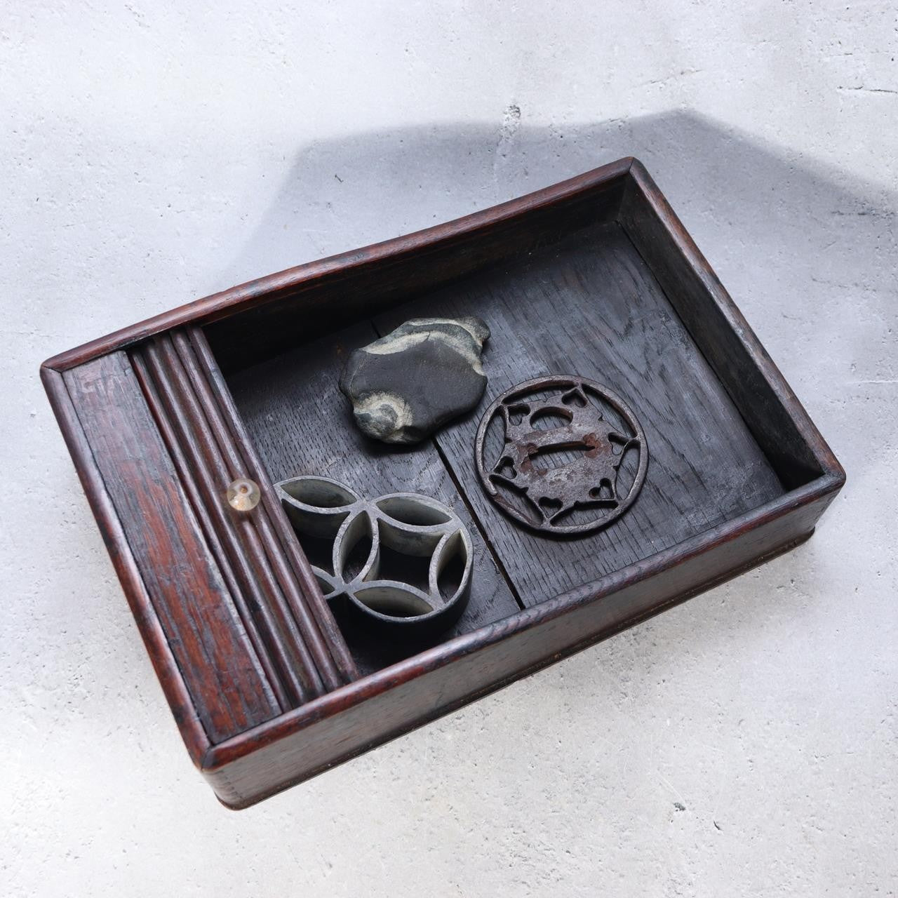 Japanese Vintage Tambour Roll-Top Wooden Box - "Jabara" Slatted Lid Showa Era11