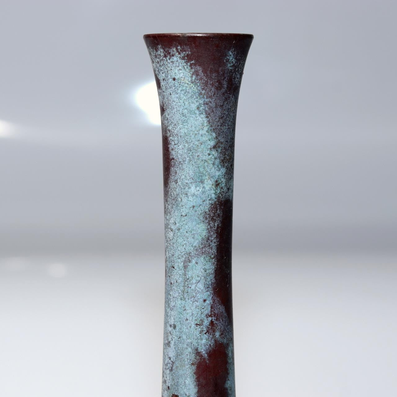 Japanese Vintage Bronze Tsurukubi Flower Vase Long Neck Green Patina Finish7