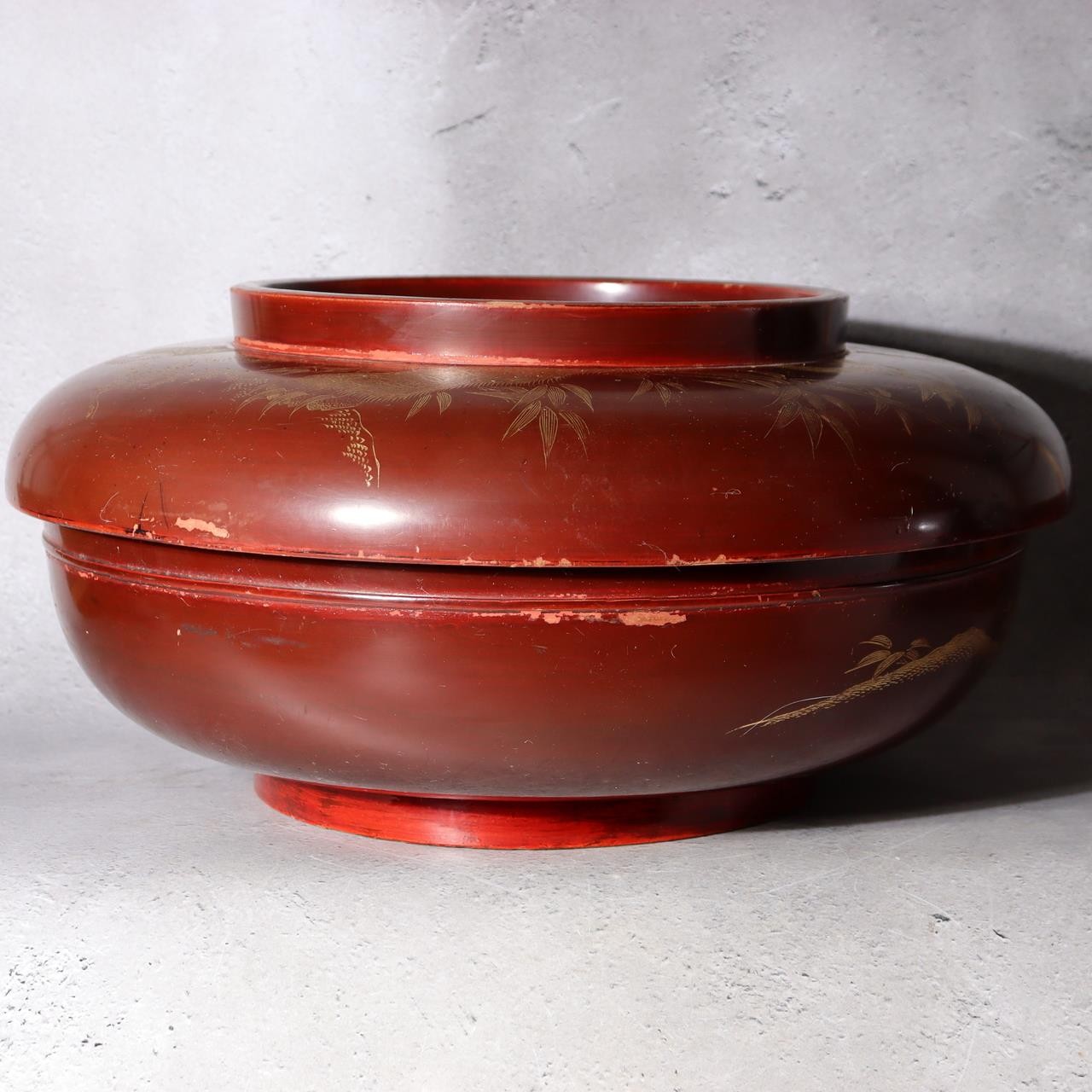 Vintage Japanese Lacquerware Large Lidded Bowl Neko Tora Tiger Bamboo WO60216