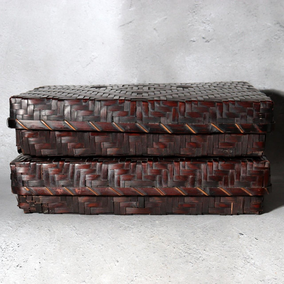 Vintage Japanese Bamboo Woven Rectangular Box Set of 2 Geometric Pattern Basket5