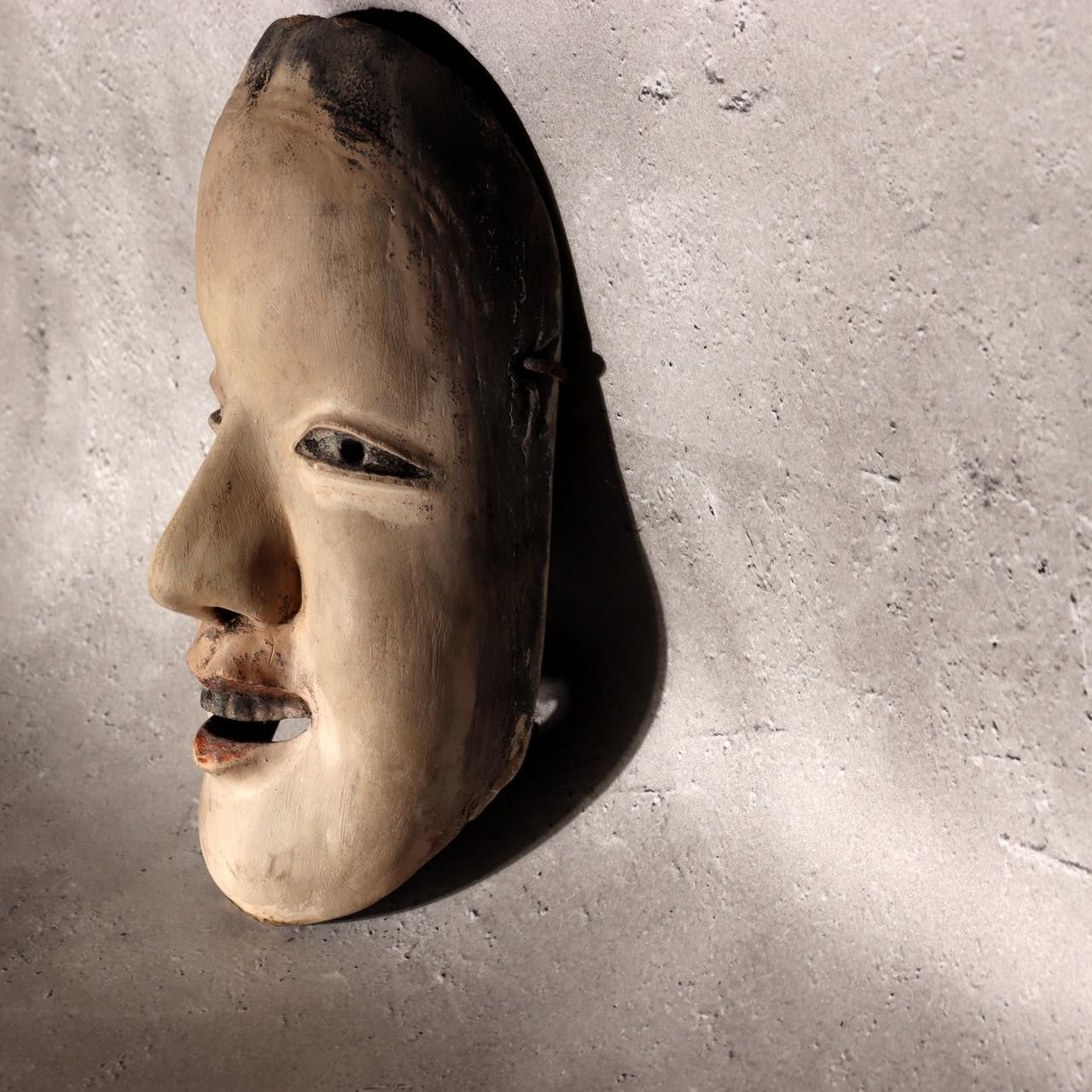 Japanese Antique Wooden Mask Female Woman Noh Kagura Style & Brocade Bag MSK5261