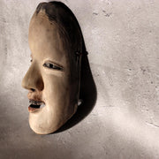 Japanese Antique Wooden Mask Female Woman Noh Kagura Style & Brocade Bag MSK5261