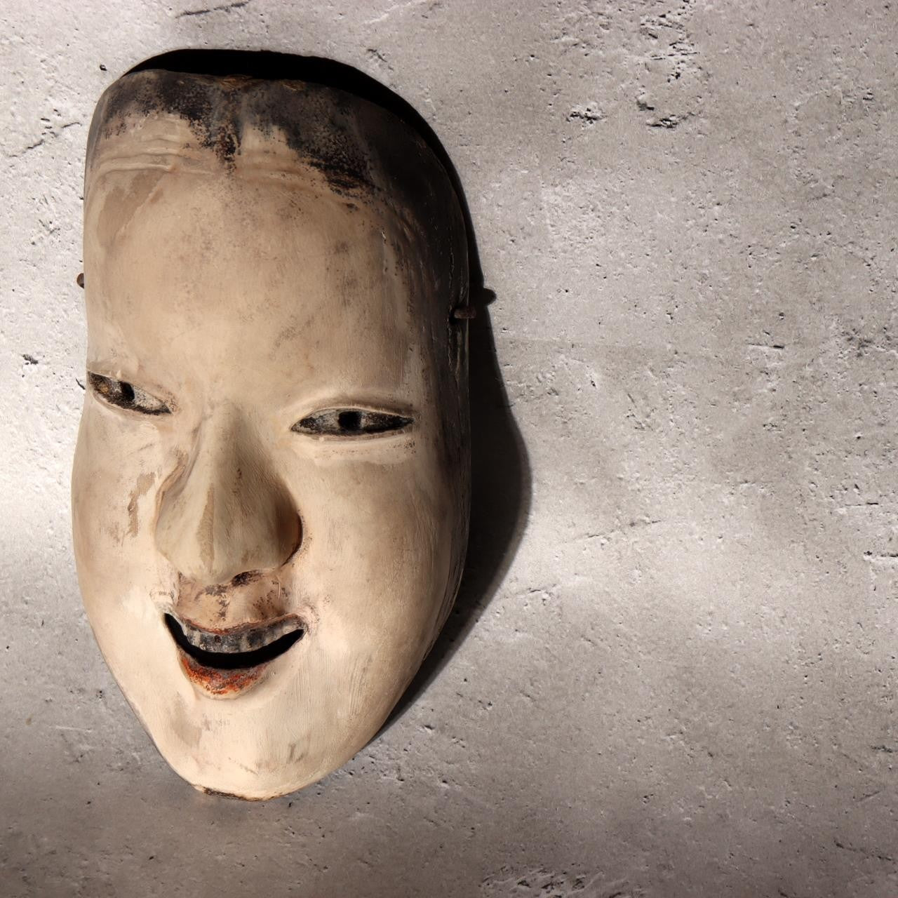 Japanese Antique Wooden Mask Female Woman Noh Kagura Style & Brocade Bag MSK5260