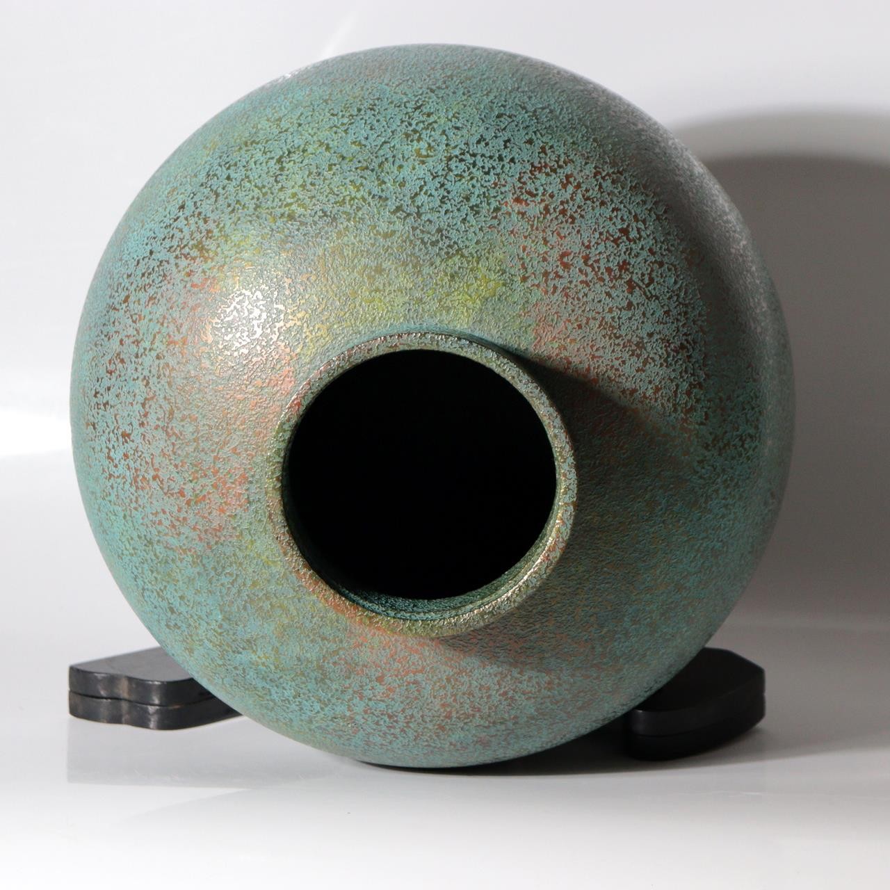 Vintage Japanese Cast Bronze Vase Blue Gold Mottled Patina Tomobako BV7841