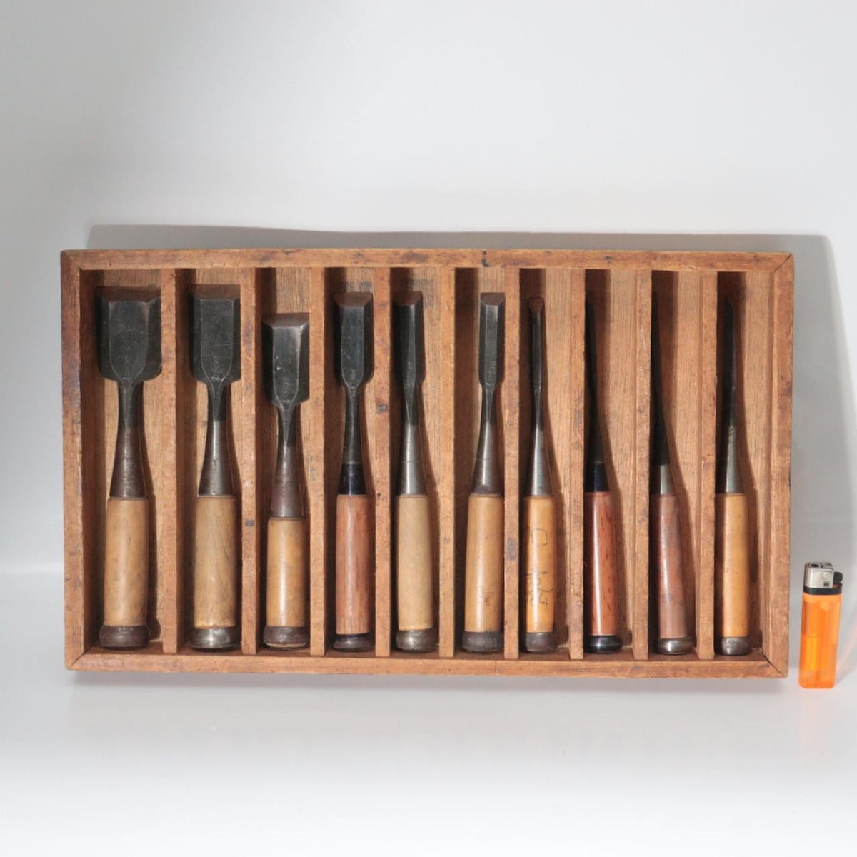 Vintage Japanese Steel Nomi Chisels Set of 10 Woodworking Tools with Wooden Box5
