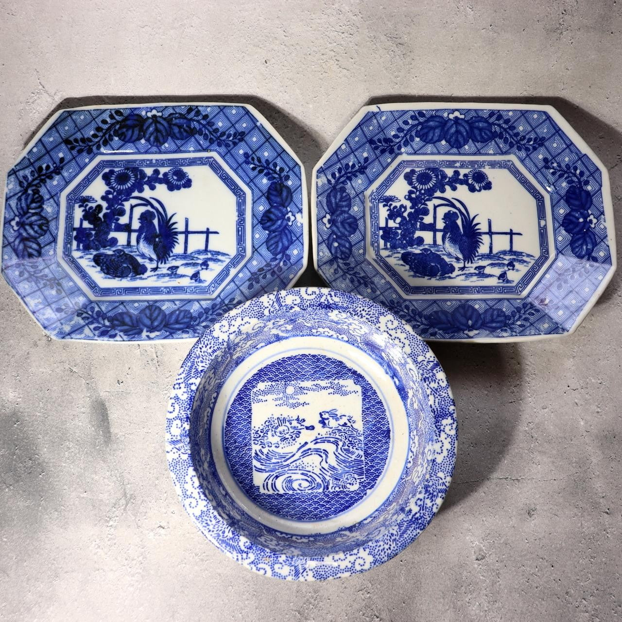 Antique Japanese Imari Transferware Set Rabbit Wave Bowl & Two Rooster Dishes1
