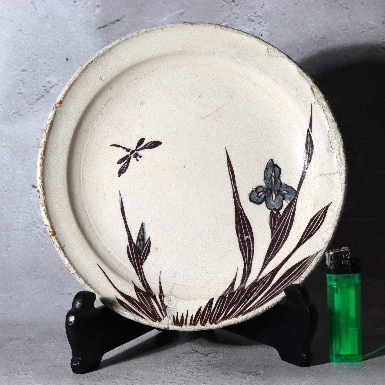 Antique Bakumatsu Seto Ware Ceramic Plate Iris Dragonfly Pattern PCP3061