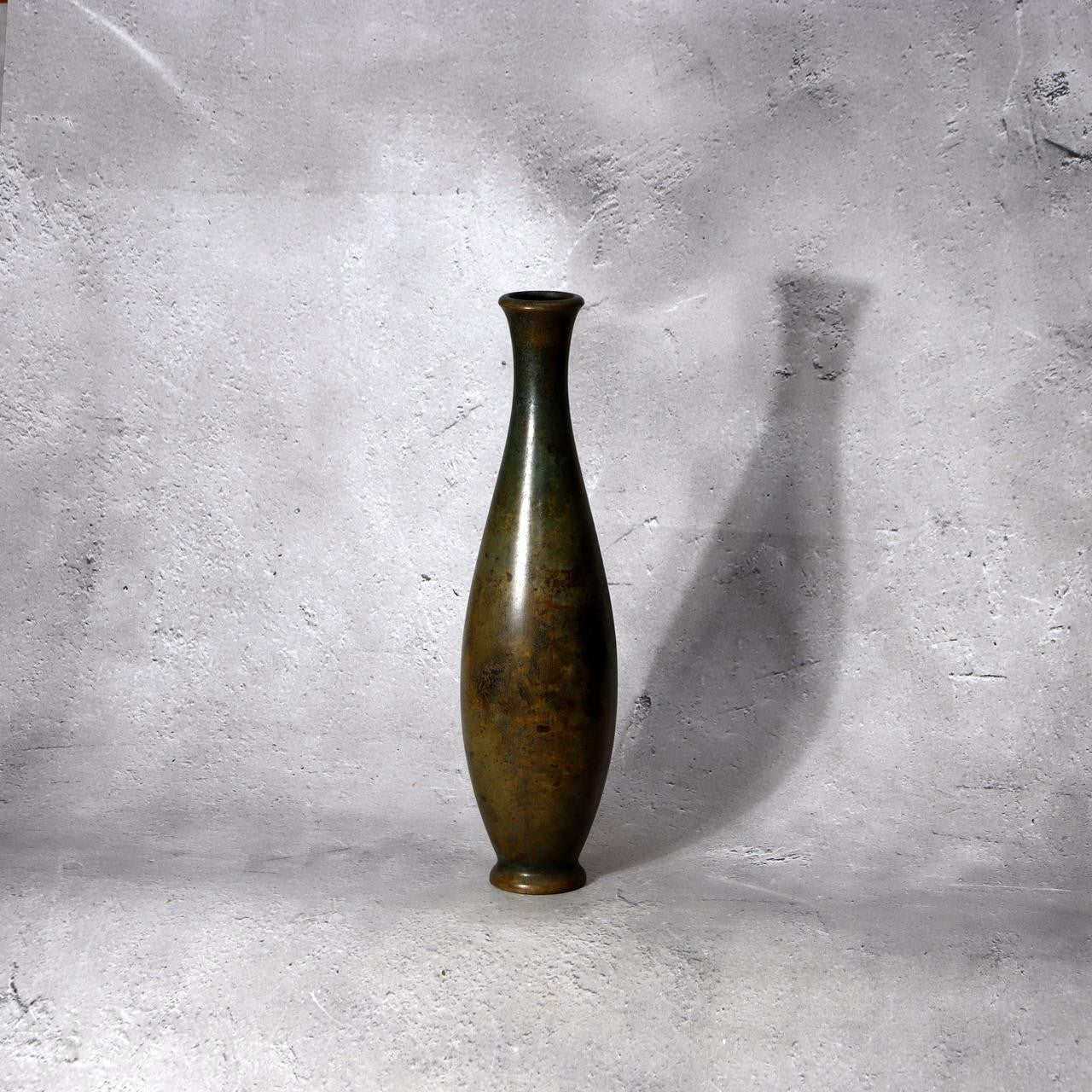 Vintage Japanese Bronze Vase  Slender Silhouette Vivid Verdigris Patina BV7488