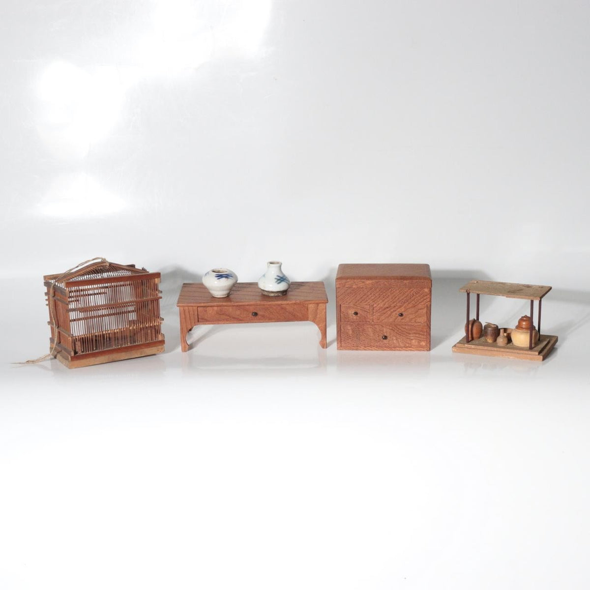 Vintage Japanese Wooden Miniature Set Birdcage Tea Utensils Maki-e Box WO667-213