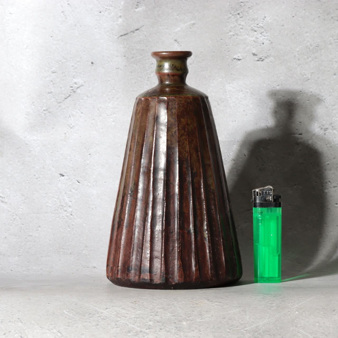 Antique Edo Tanba Ware Shinogi Ribbed Stoneware Flower Vase Bakumatsu Japan1