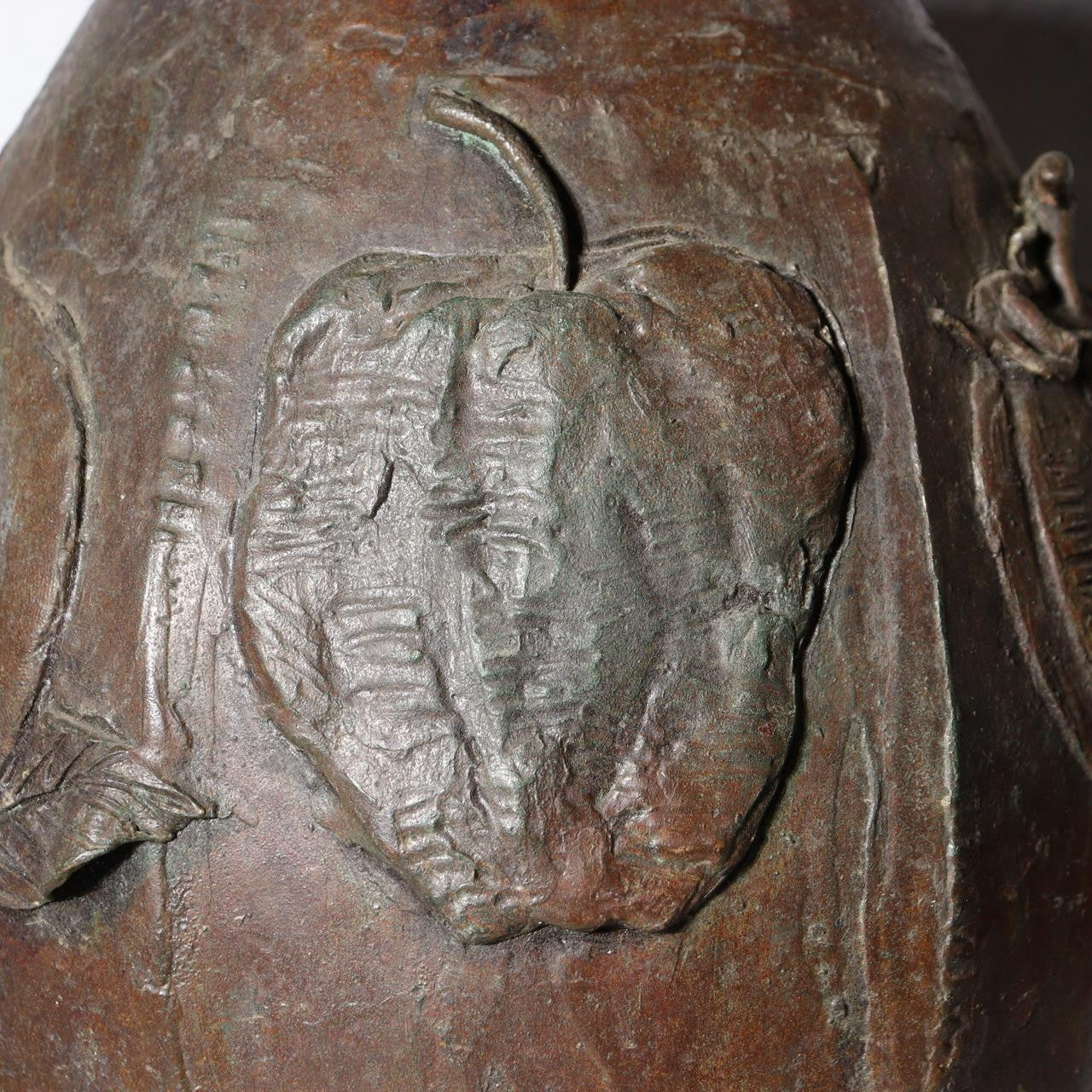 Large Japanese Master Bronze Vase by Hirai Shoho Cire Perdue Relief Fruit Motif12