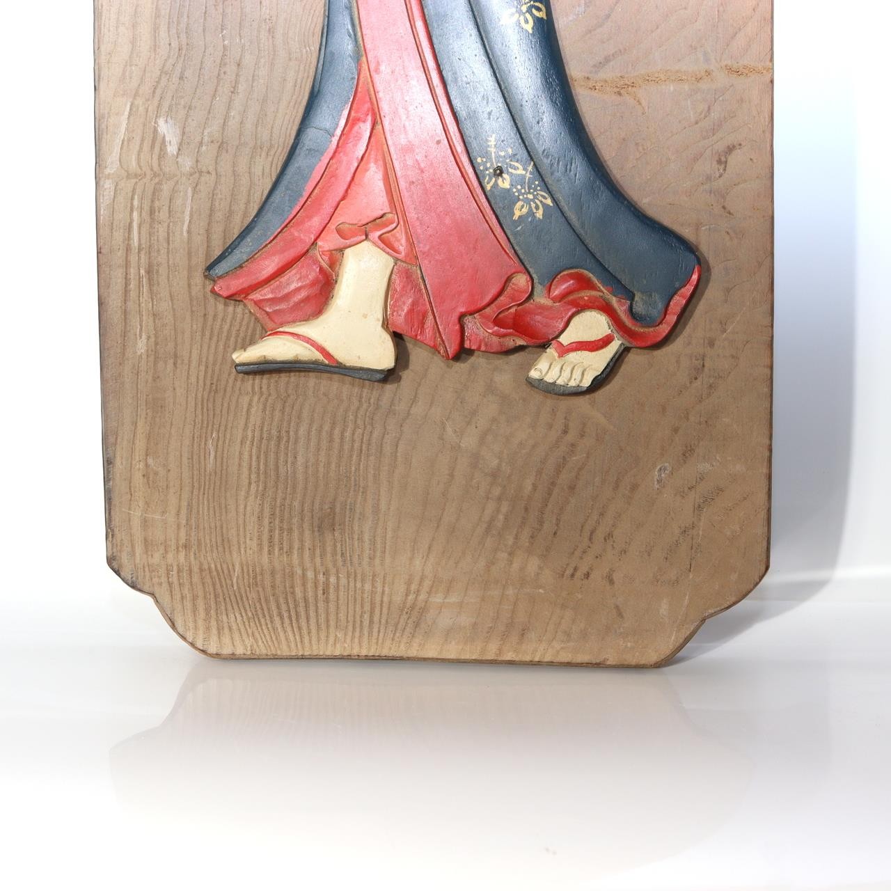 Japanese Antique Wooden Relief Panel — Geisha / Oiran Beauty with Fan Kanban9