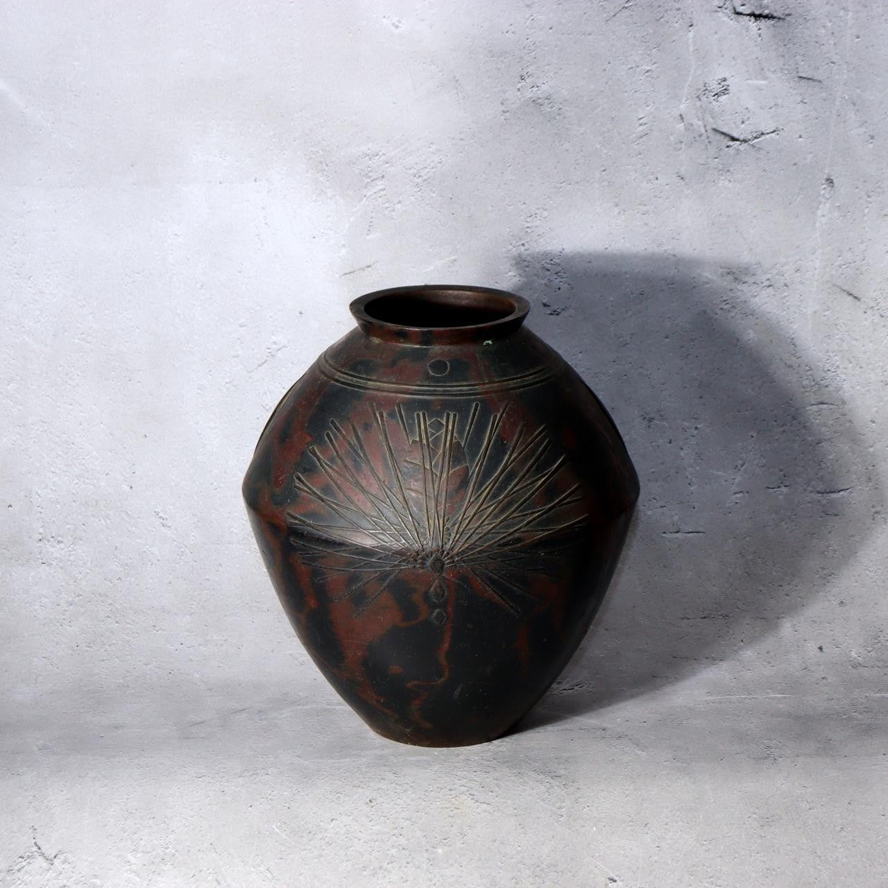 Vintage Japanese Mottled Purple Bronze Vase Signed Beisai Pine Cone Motif20