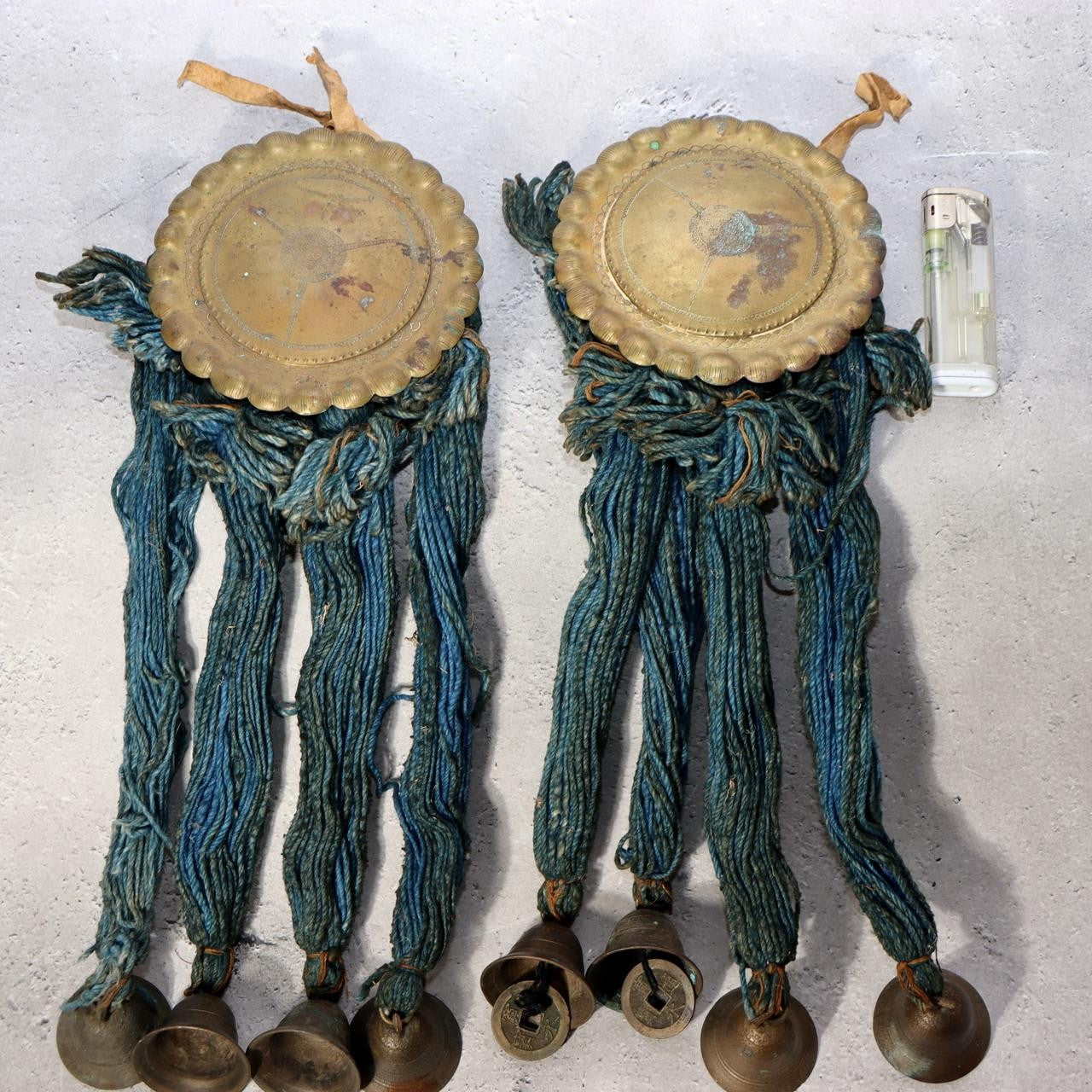 Antique Edo Period Japanese Horse Tack Ornament Brass Bells Blue Cords BOSa141