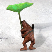 Vintage Japanese Wood Carved Frog with Lotus Leaf Umbrella – WO6556