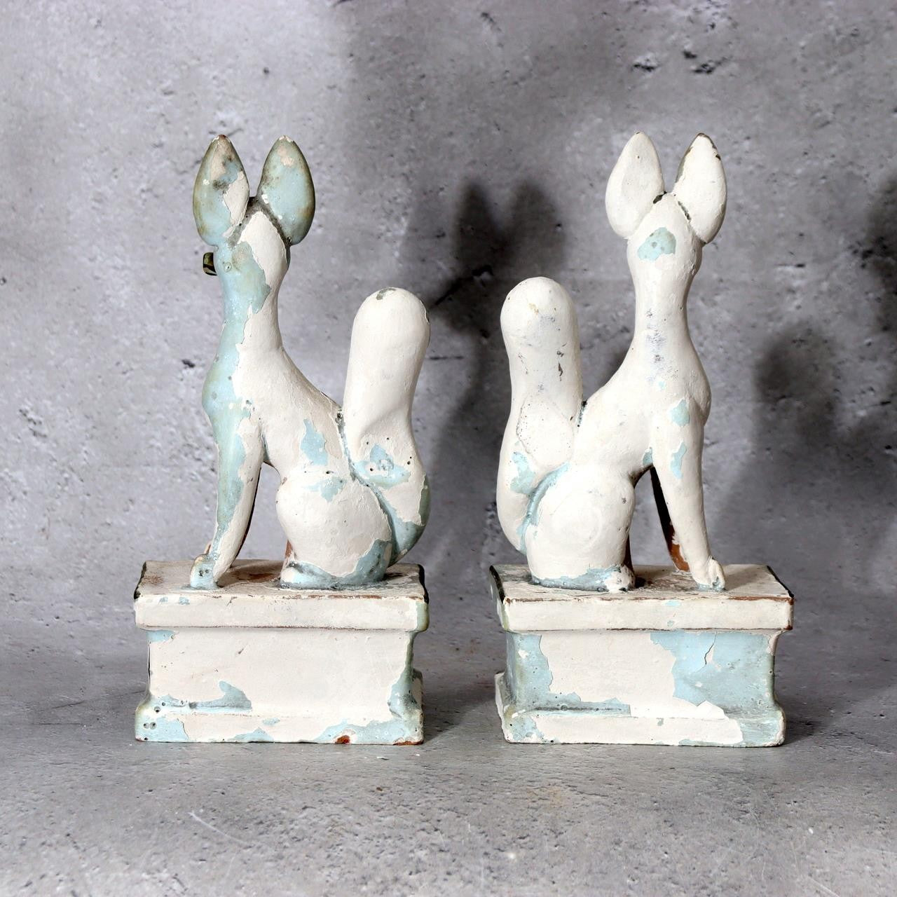 Pair of Vintage Japanese Clay Inari Fox Statues Traditional Gofun Finish Temple2