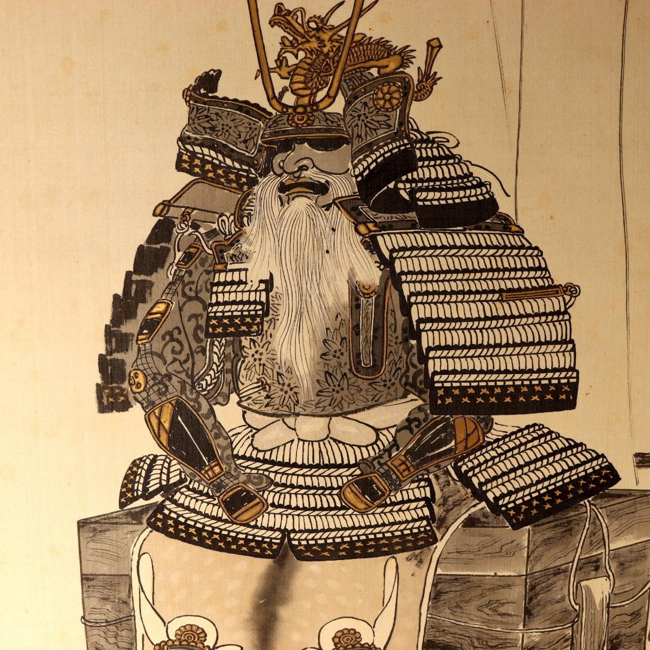 Antique Japanese Hanging Scroll Kakejiku Samurai Armor Hand Painted Silk ASO4350