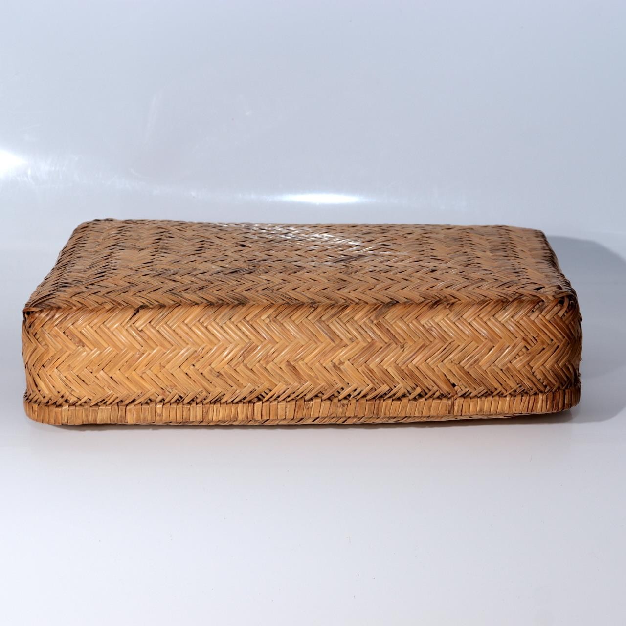 Vintage Japanese Woven Bamboo Box Rectangular Basket Lid Case BVO726