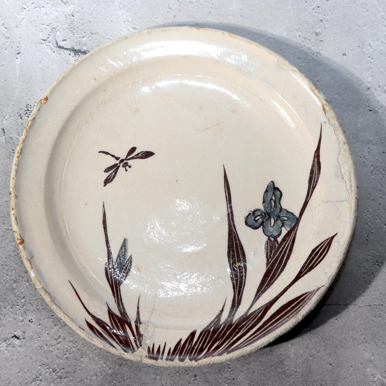 Antique Bakumatsu Seto Ware Ceramic Plate Iris Dragonfly Pattern PCP30610
