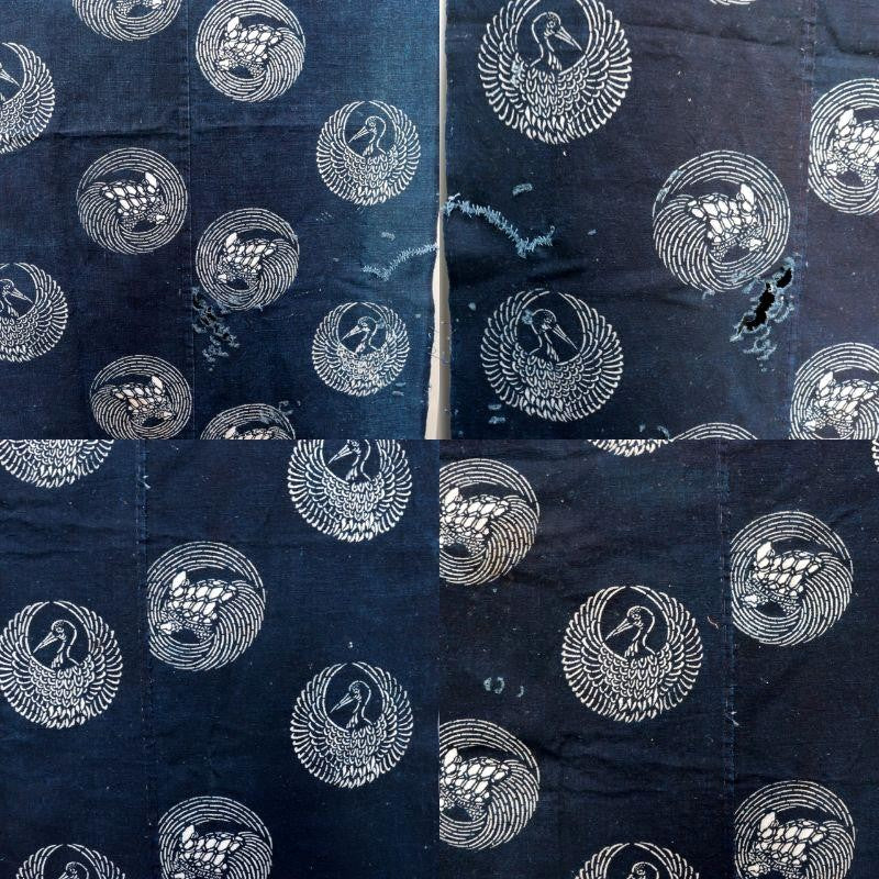 Meiji Period Japanese Indigo Katazome Cotton Fabric Crane Turtle BRKW1785
