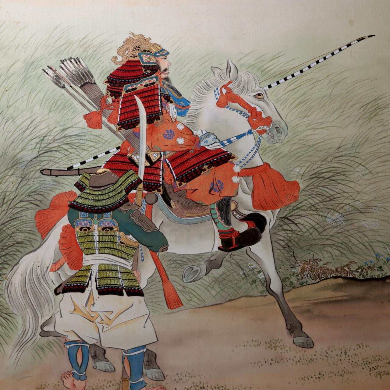 Antique Japanese Hand Painted Silk Kakemono Hanging Scroll Samurai Warrior0