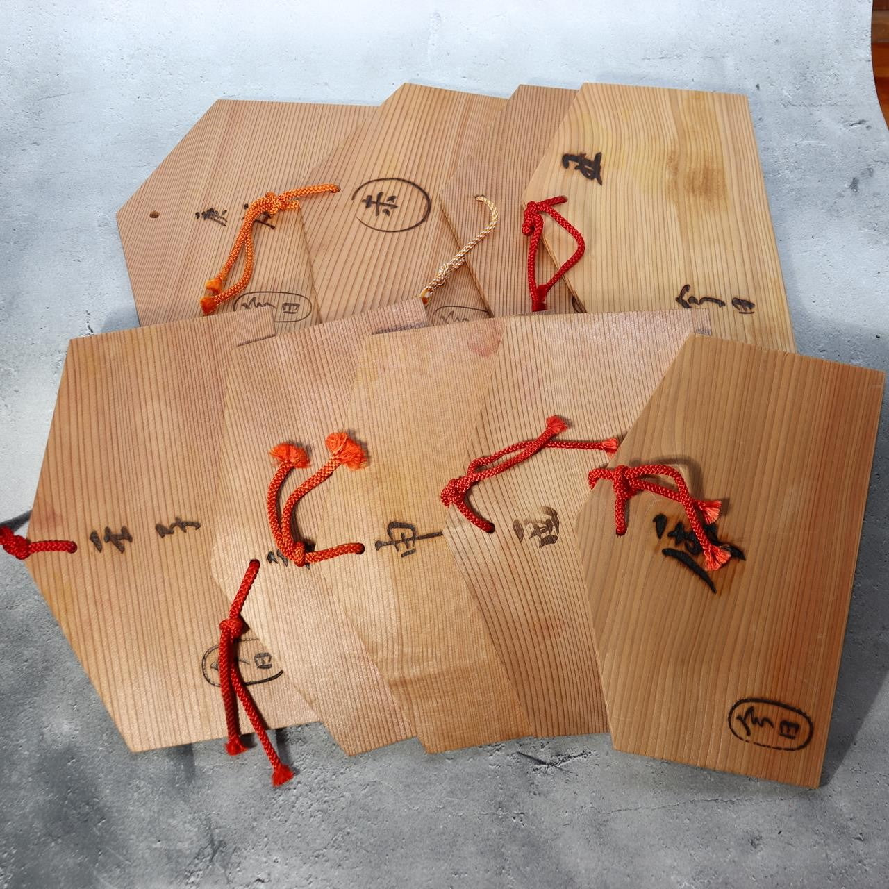 Vintage Japanese Ema-Shaped Wooden Serving Plates - Set of 9  Zodiac Motif WO5843