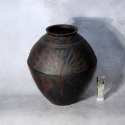Vintage Japanese Mottled Purple Bronze Vase Signed Beisai Pine Cone Motif3