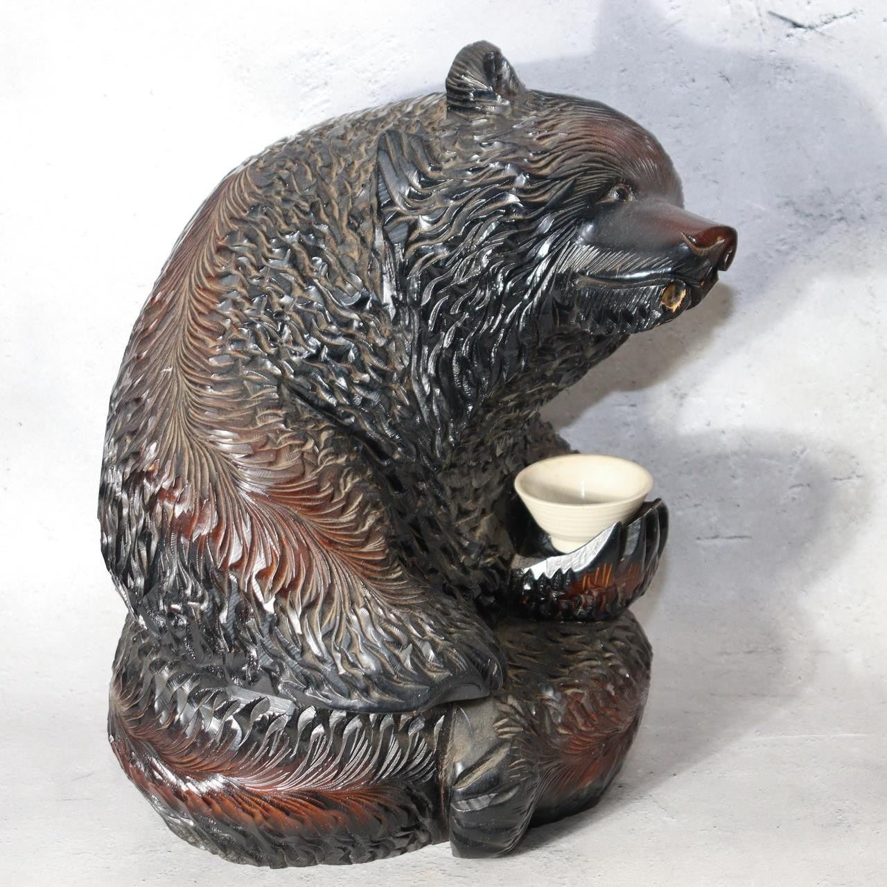Huge Japanese Ainu Wood Carved Bear - Kibori Kuma holding Sake Cup 4.3kg WO5831