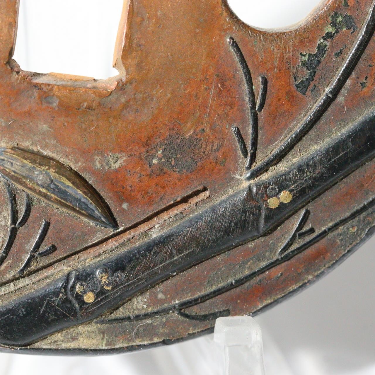 Antique Japanese Copper Gilt Bamboo Motif Tsuba Sword Guard Fukurin Rim STO9013