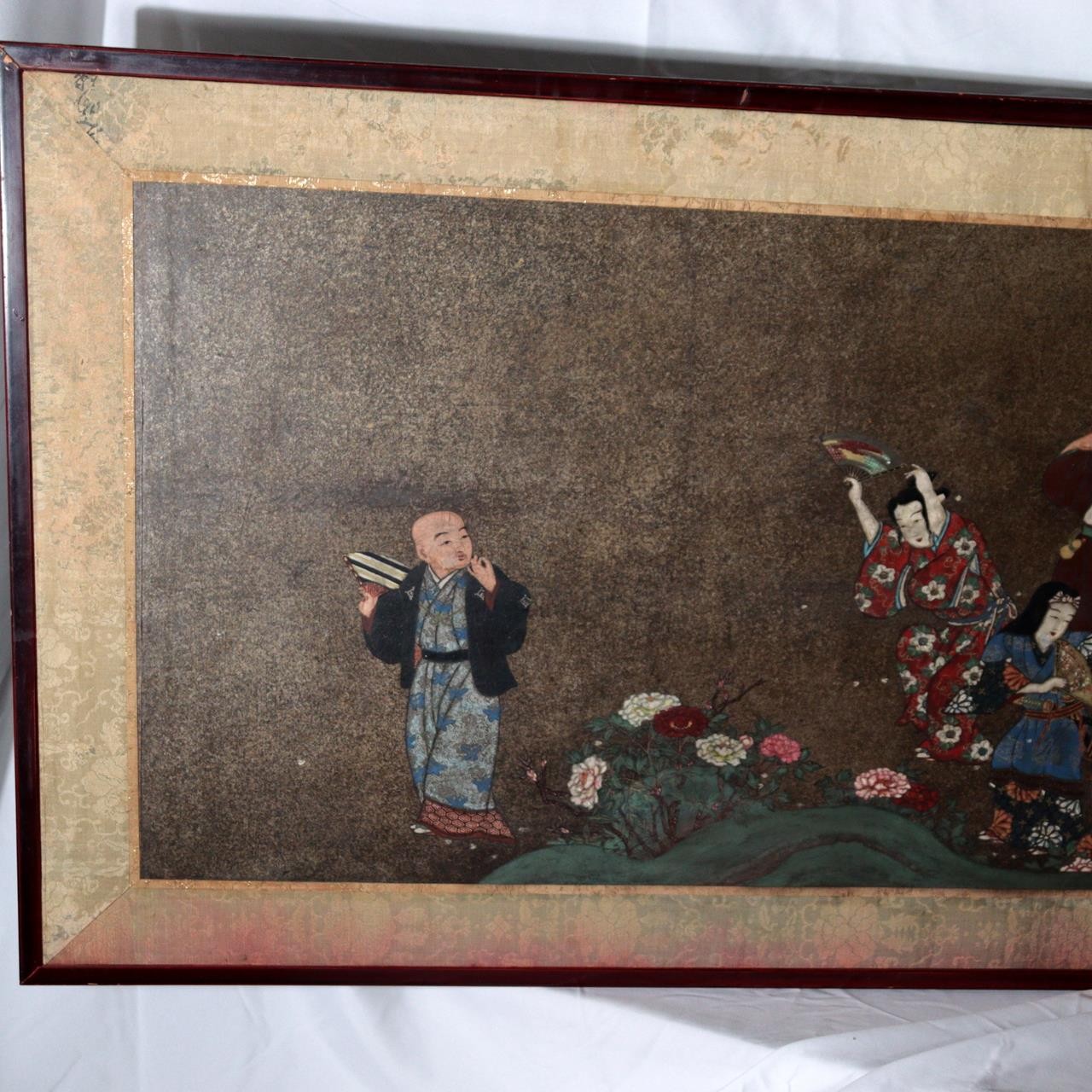 Vintage Japanese Byobu 2 Panel Room Divider Painted Figures Floral10