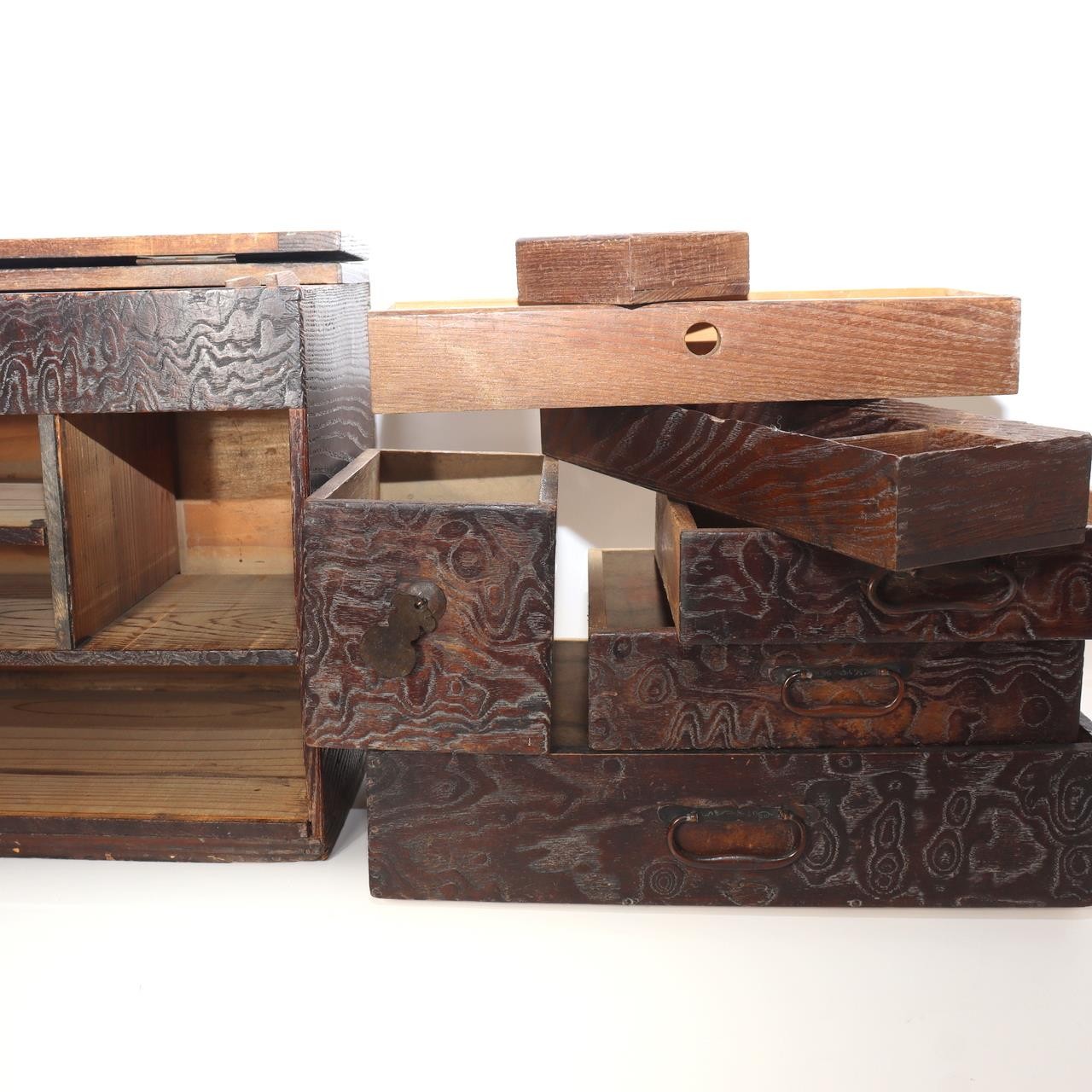 Antique Japanese Haribako Sewing Box Meiji Keyaki/Tamo Wood Brass Hardware Drawe14