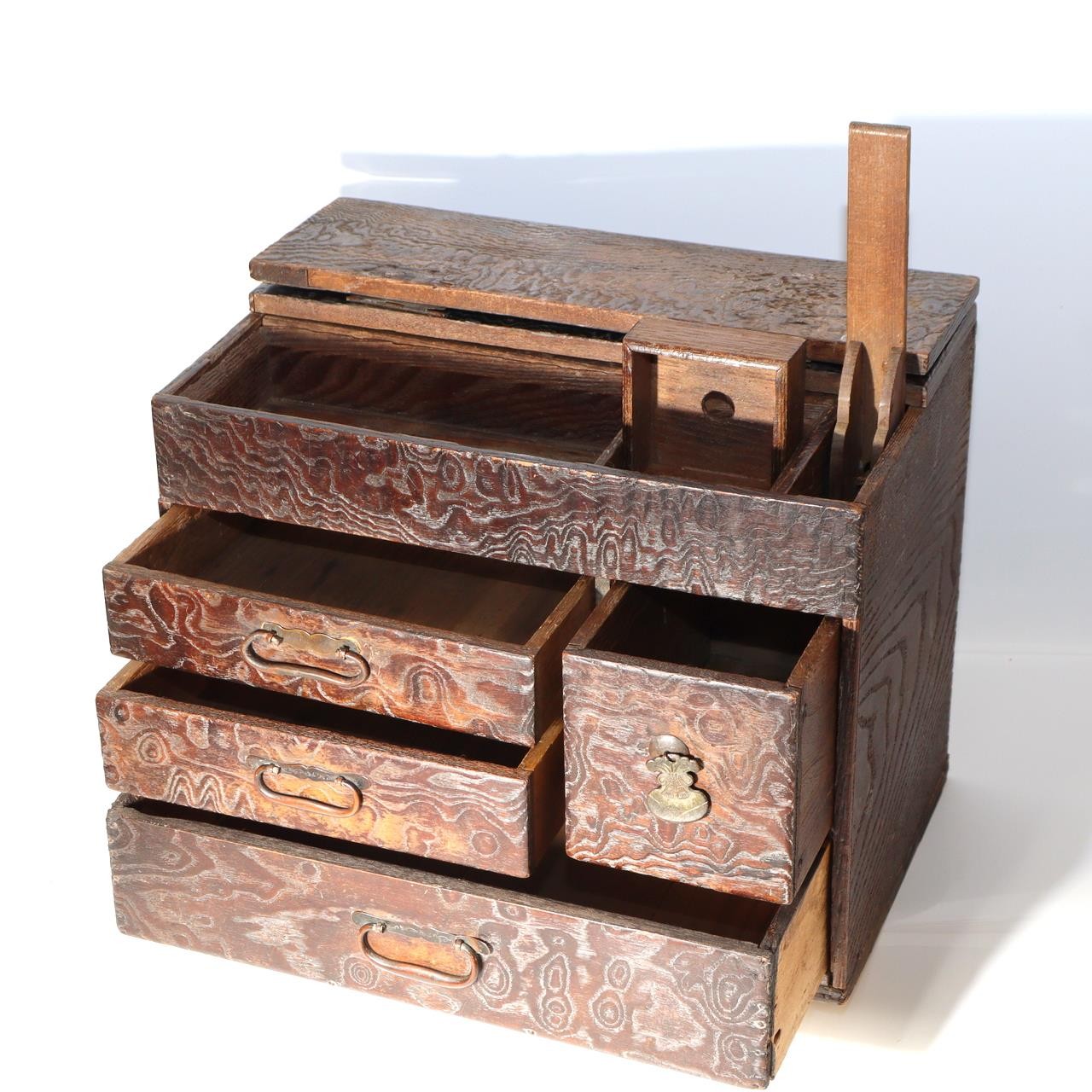 Antique Japanese Haribako Sewing Box Meiji Keyaki/Tamo Wood Brass Hardware Drawe2