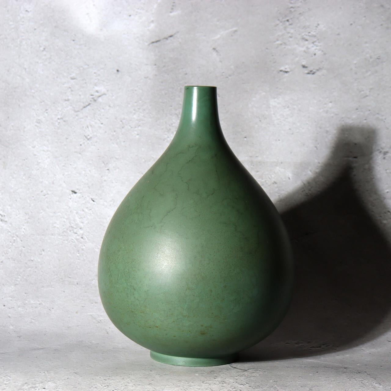 Japanese Bronze Bud Vase Houun  Matte Green Shizuku Teardrop Takaoka Copperware1