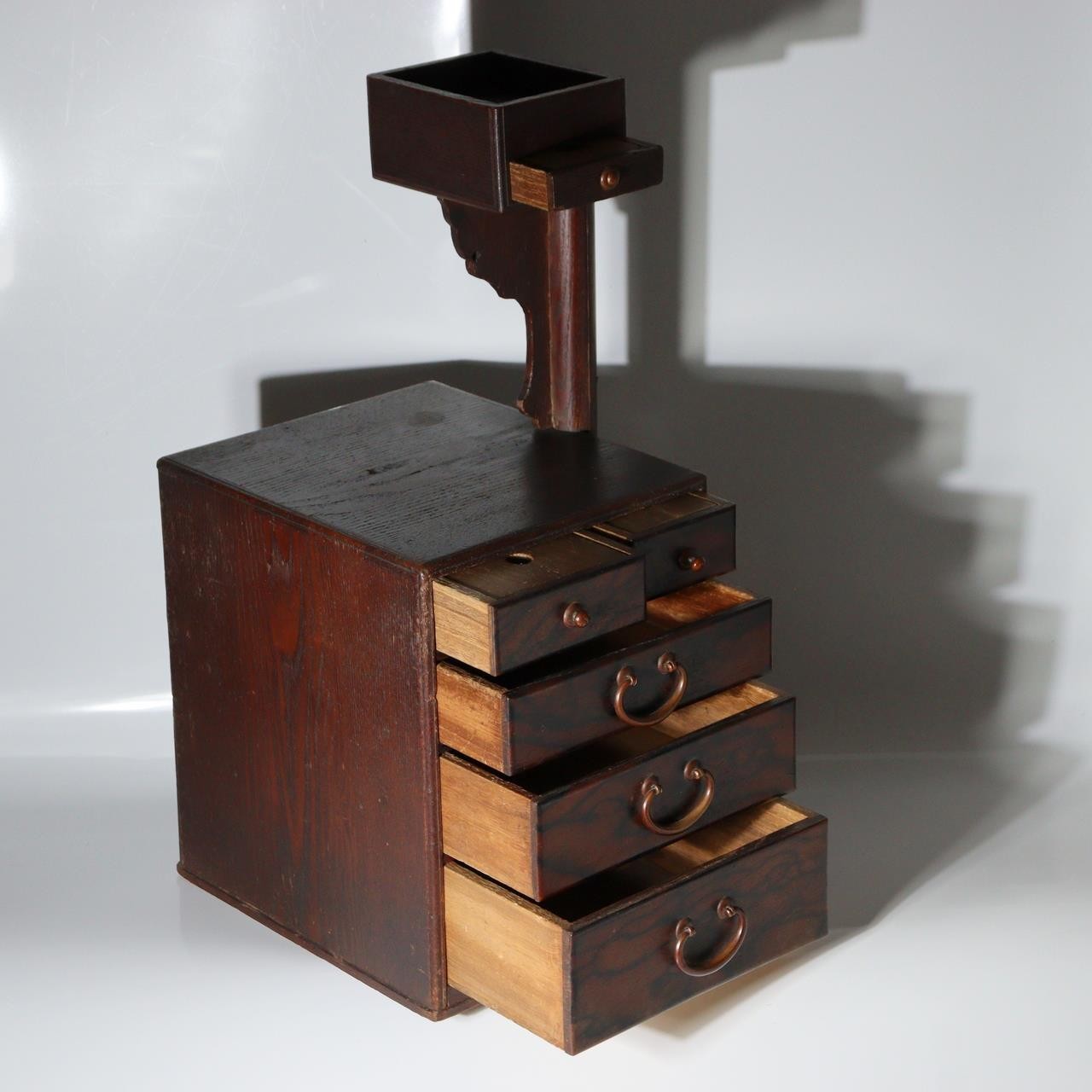 Vintage Japanese Haribako Wooden Sewing Chest with Yagura Tower Mingei Folk Art1